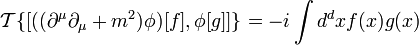 \mathcal{T}\{[((\partial^\mu \partial_\mu+m^2)\phi)[f],\phi[g]]\}=-i\int d^dx f(x)g(x)