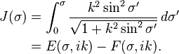 
\begin{align}
J(\sigma) &=
\int_0^\sigma \frac{k^2\sin^2\sigma'}{\sqrt{1 + k^2\sin^2\sigma'}}\,d\sigma'\\
&= E(\sigma, ik) - F(\sigma, ik).
\end{align}
