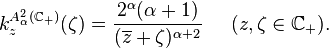 k_z^{A^2_\alpha(\mathbb{C}_+)} (\zeta) = \frac{2^\alpha(\alpha+1)}{(\overline{z}+\zeta)^{\alpha+2}} \; \; \; \; \; (z, \zeta \in \mathbb{C}_+).