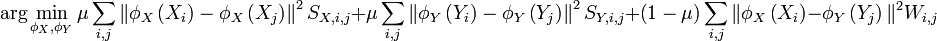 \arg\min_{\phi_{X},\phi_{Y}}\mu\sum_{i,j}\left\Vert \phi_{X}\left(X_{i}\right)-\phi_{X}\left(X_{j}\right)\right\Vert ^{2}S_{X,i,j}+\mu\sum_{i,j}\left\Vert \phi_{Y}\left(Y_{i}\right)-\phi_{Y}\left(Y_{j}\right)\right\Vert ^{2}S_{Y,i,j}+\left(1-\mu\right)\sum_{i,j}\Vert\phi_{X}\left(X_{i}\right)-\phi_{Y}\left(Y_{j}\right)\Vert^{2}W_{i,j} 