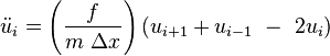 \ddot u_i=\left(\frac{f}{m\ \Delta x} \right) \left(u_{i+1} + u_{i-1}\ -\ 2u_i\right)