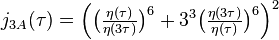 j_{3A}(\tau) =\Big(\big(\tfrac{\eta(\tau)}{\eta(3\tau)}\big)^{6}+3^3 \big(\tfrac{\eta(3\tau)}{\eta(\tau)}\big)^{6}\Big)^2