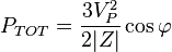 P_{TOT}=\frac{3V_P^2}{2|Z|}\cos\varphi