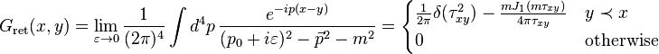 G_\text{ret}(x,y) = \lim_{\varepsilon \to 0} \frac{1}{(2 \pi)^4} \int d^4p \, \frac{e^{-ip(x-y)}}{(p_0+i\varepsilon)^2 - \vec{p}^2 - m^2} = \begin{cases} \frac{1}{2\pi} \delta(\tau_{xy}^2) - \frac{m J_1(m \tau_{xy})}{4 \pi \tau_{xy}} & y \prec x \\ 0 & \text{otherwise} \end{cases}