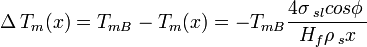 \Delta\,T_m(x) = T_{mB}-T_m(x)= - T_{mB}\frac{4\sigma\,_{sl}cos\phi\,}{H_f\rho\,_sx}