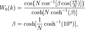 \begin{align}
 W_0(k) &= \frac{\cos\{N \cos^{-1}[\beta \cos(\frac{\pi k}{N})]\}}{\cosh[N \cosh^{-1}(\beta)]}\\
 \beta &= \cosh[\frac{1}{N} \cosh^{-1}(10^\alpha)],
\end{align}