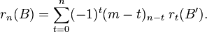  r_n(B) = \sum_{t=0}^n (-1)^t (m-t)_{n-t}\; r_t(B'). 