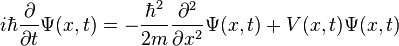  i\hbar\frac{\partial}{\partial t}\Psi(x,t) = -\frac{\hbar^2}{2m}\frac{\partial^2}{\partial x^2}\Psi(x,t) + V(x,t)\Psi(x,t) 