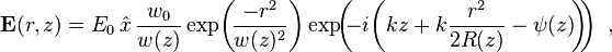 {\mathbf E(r,z)} = E_0 \, \hat{x} \, \frac{w_0}{w(z)} \exp \! \left(  \! \frac{-r^2}{w(z)^2}\right )  \exp \!  \! \left(  \!  \! -i  \! \left(kz +k \frac{r^2}{2R(z)} - \psi(z) \! \right) \!  \!    \right) \ , 