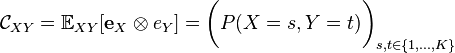  \mathcal{C}_{XY} = \mathbb{E}_{XY} [\mathbf{e}_X \otimes e_Y] = \bigg( P(X=s, Y=t) \bigg)_{s,t \in \{1,\dots,K\}} 