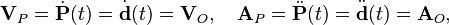  \textbf{V}_P=\dot{\textbf{P}}(t) = \dot{\textbf{d}}(t)=\textbf{V}_O,\quad \textbf{A}_P=\ddot{\textbf{P}}(t) = \ddot{\textbf{d}}(t) = \textbf{A}_O,