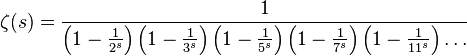 \zeta (s)={\frac {1}{\left(1-{\frac {1}{2^{s}}}\right)\left(1-{\frac {1}{3^{s}}}\right)\left(1-{\frac {1}{5^{s}}}\right)\left(1-{\frac {1}{7^{s}}}\right)\left(1-{\frac {1}{11^{s}}}\right)\ldots }}