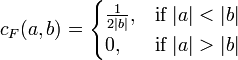 c_F(a,b)=\begin{cases}
  \frac{1}{2|b|}, & \mbox{if } |a|<|b| \\
  0,  & \mbox{if } |a|>|b|
\end{cases}