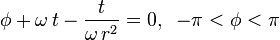 \phi + \omega \, t - \frac{t}{\omega \, r^2} = 0, \; \; -\pi < \phi < \pi 