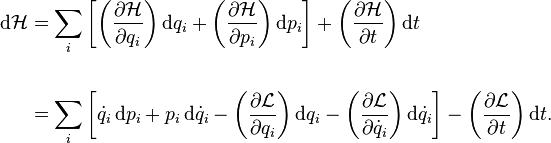 \begin{align}
\mathrm{d}\mathcal{H} &= \sum_i \left[ \left({\partial \mathcal{H} \over \partial q_i}\right) \mathrm{d}q_i + \left({\partial \mathcal{H} \over \partial p_i}\right) \mathrm{d}p_i \right] + \left({\partial \mathcal{H} \over \partial t}\right) \mathrm{d}t\qquad\qquad\quad\quad  \\  \\
  &= \sum_i \left[ \dot{q}_i\, \mathrm{d}p_i + p_i\, \mathrm{d}\dot{q}_i - \left({\partial \mathcal{L} \over \partial q_i}\right) \mathrm{d}q_i - \left({\partial \mathcal{L} \over \partial \dot{q}_i}\right) \mathrm{d}\dot{q}_i \right] - \left({\partial \mathcal{L} \over \partial t}\right) \mathrm{d}t.
\end{align}