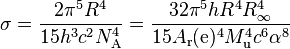 \sigma = \frac{2 \pi^5 R^4}{15 h^3 c^2 N_{\rm A}^4} = \frac{32 \pi^5 h R^4 R_{\infty}^4}{15 A_{\rm r}({\rm e})^4 M_{\rm u}^4 c^6 \alpha^8}