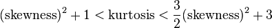 (\text{skewness})^2+1< \text{kurtosis}< \frac{3}{2} (\text{skewness})^2 + 3