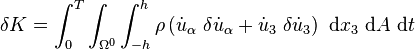 
   \delta K = \int_0^T \int_{\Omega^0} \int_{-h}^h \rho \left(
      \dot{u}_\alpha~\delta\dot{u}_\alpha + \dot{u}_3~\delta\dot{u}_3\right)
    ~\mathrm{d}x_3~\mathrm{d}A~\mathrm{d}t
