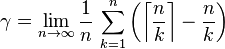 \gamma = \lim_{n\to\infty}\frac1{n}\, \sum_{k=1}^n \left(\left\lceil \frac{n}{k} \right\rceil - \frac{n}{k}\right)