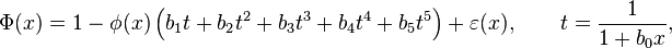 
    \Phi(x) = 1 - \phi(x)\left(b_1t + b_2t^2 + b_3t^3 + b_4t^4 + b_5t^5\right) + \varepsilon(x), \qquad t = \frac{1}{1+b_0x},
  