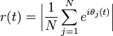  r(t) = \bigg| \frac{1}{N} \sum^N_{j = 1} e^{i\theta_j(t)}\bigg| 