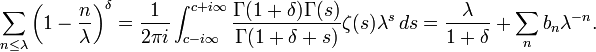  
\sum_{n\le \lambda} \left(1-\frac{n}{\lambda}\right)^\delta
= \frac{1}{2\pi i} \int_{c-i\infty}^{c+i\infty} 
\frac{\Gamma(1+\delta)\Gamma(s)}{\Gamma(1+\delta+s)} \zeta(s) \lambda^s \, ds
= \frac{\lambda}{1+\delta} + \sum_n b_n \lambda^{-n}.
