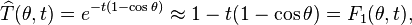 \widehat{T}(\theta, t) = e^{-t(1 - \cos \theta)} \approx {1 -t(1 - \cos \theta)} = F_1(\theta, t),