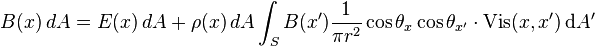 B(x)\, dA = E(x) \, dA +\rho(x) \, dA \int_{S}B(x') \frac{1}{\pi r^2} \cos\theta_x\cos\theta_{x'} \cdot \mathrm{Vis}(x,x') \,\mathrm dA'