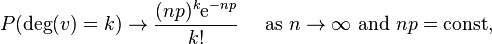 P(\operatorname{deg}(v) = k) \to \frac{(np)^k \mathrm{e}^{-np}}{k!} \quad \mbox{ as } n \to \infty \mbox{ and } np = \mathrm{const},