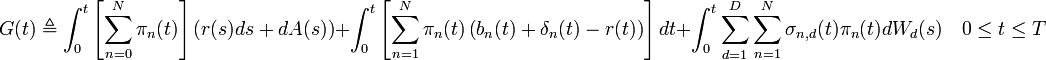 G(t) \triangleq \int_0^t \left[\sum_{n=0}^N\pi_n(t)\right]\left(r(s)ds + dA(s)\right) + \int_0^t \left[\sum_{n=1}^N\pi_n(t)\left(b_n(t) + \mathbf{\delta}_n(t) - r(t)\right)\right]dt + \int_{0}^t \sum_{d=1}^D\sum_{n=1}^N\mathbf{\sigma}_{n,d}(t)\pi_n(t) dW_d(s) \quad 0 \leq t \leq T