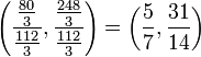 \left(\frac{\frac{80}{3}}{\frac{112}{3}},\frac{\frac{248}{3}}{\frac{112}{3}}\right)=\left(\frac{5}{7},\frac{31}{14}\right)