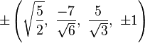 \pm \left({\sqrt {\frac {5}{2}}},\ {\frac {-7}{\sqrt {6}}},\ {\frac {5}{\sqrt {3}}},\ \pm 1\right)