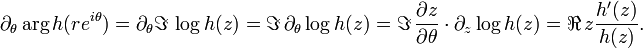 \partial_\theta \arg h(re^{i\theta})=\partial_\theta \Im\, \log h(z) = \Im\, \partial_\theta \log h(z)=\Im\, {\partial z\over \partial\theta} \cdot \partial_z \log h(z) =\Re\, z {h^\prime(z)\over h(z)}.