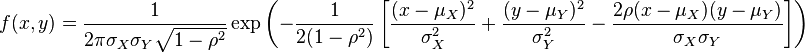 \begin{align}
    f(x,y) &=
      \frac{1}{2 \pi  \sigma_X \sigma_Y \sqrt{1-\rho^2}}
      \exp\left(
        -\frac{1}{2(1-\rho^2)}\left[
          \frac{(x-\mu_X)^2}{\sigma_X^2} +
          \frac{(y-\mu_Y)^2}{\sigma_Y^2} -
          \frac{2\rho(x-\mu_X)(y-\mu_Y)}{\sigma_X \sigma_Y}
        \right]
      \right)\\
\end{align}