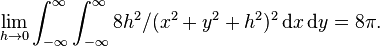 \lim_{h \to 0}\int_{-\infty}^{\infty} \int_{-\infty}^{\infty} 8h^2/(x^2+y^2+h^2)^2 \operatorname{d}\!x \operatorname{d}\!y = 8\pi.