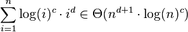 \sum_{i=1}^n \log(i)^c \cdot i^d \in \Theta(n^{d+1} \cdot \log(n)^{c})