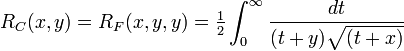 R_C(x,y) = R_F(x,y,y) = \tfrac{1}{2} \int_0^\infty \frac{dt}{(t+y)\sqrt{(t+x)}}