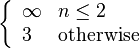 \left\{\begin{array}{ll}\infty & n \le 2\\ 3 & \text{otherwise}\end{array}\right.