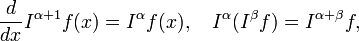 \frac{d}{dx}I^{\alpha+1} f(x) =  I^\alpha f(x),\quad I^\alpha(I^\beta f) = I^{\alpha+\beta}f,