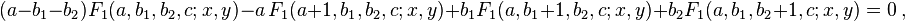 
(a-b_1-b_2) F_1(a,b_1,b_2,c; x,y) - a \,F_1(a+1,b_1,b_2,c; x,y) + b_1 F_1(a,b_1+1,b_2,c; x,y) + b_2 F_1(a,b_1,b_2+1,c; x,y) = 0 ~,
