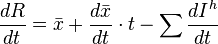 \frac{dR}{dt}= \bar{ x } + \frac{d\bar{x}}{dt} \cdot t - \sum \frac{dI^{h}}{dt}