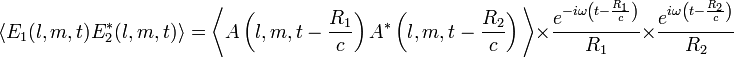 \big \langle E_1(l, m, t) E_2^*(l, m, t) \big \rangle = \Bigg \langle A \left( l, m, t - \frac{R_1}{c} \right) A^* \left( l, m, t - \frac{R_2}{c} \right) \Bigg \rangle \times \frac{e^{-i \omega \left( t - \frac{R_1}{c} \right) }}{R_1} \times \frac{e^{i \omega \left(t - \frac{R_2}{c} \right)}}{R_2}