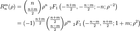 \begin{align}
R_n^m(\rho) &= \binom{n}{\tfrac{n+m}{2}}\rho^n \ {}_2F_{1}\left(-\tfrac{n+m}{2},-\tfrac{n-m}{2};-n;\rho^{-2}\right) \\
&= (-1)^{\tfrac{n+m}{2}}\binom{\tfrac{n+m}{2}}{\tfrac{n-m}{2}}\rho^m \ {}_2F_{1}\left(-\tfrac{n-m}{2},\tfrac{n+m}{2};1+m;\rho^2\right)
\end{align}