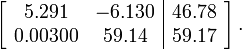 
\left[ \begin{array}{cc|c}
5.291 & -6.130 & 46.78 \\
0.00300 & 59.14 & 59.17 \\
\end{array} \right].
