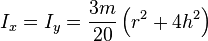 I_x = I_y = \frac{3 m}{20}\left(r^2 + 4h^2\right) \,\!