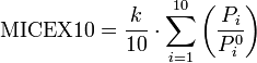 \text{MICEX10} = \frac {k}{10}\cdot\sum\limits_{i=1}^{10}\left(\frac {P_{i}}{P^0_i}\right)