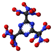 Ball-and-stick model of the 2,4,6-tris(trinitromethyl)-1,3,5-triazine molecule