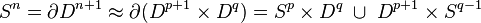 S^n=\partial D^{n+1}\approx \partial (D^{p+1}\times D^q)= S^p\times D^q\;\cup\;D^{p+1}\times S^{q-1}