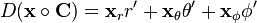 D(\mathbf{x}\circ\mathbf{C}) = \mathbf{x}_r r' + \mathbf{x}_{\theta}\theta' + \mathbf{x}_{\phi}\phi'