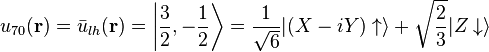   u_{70}(\mathbf{r}) = \bar{u}_{lh}(\mathbf{r}) = \left | \frac{3}{2},-\frac{1}{2} \right \rangle  = \frac{1}{\sqrt 6} |(X-iY)\uparrow\rangle + \sqrt{\frac{2}{3}} |Z\downarrow\rangle  